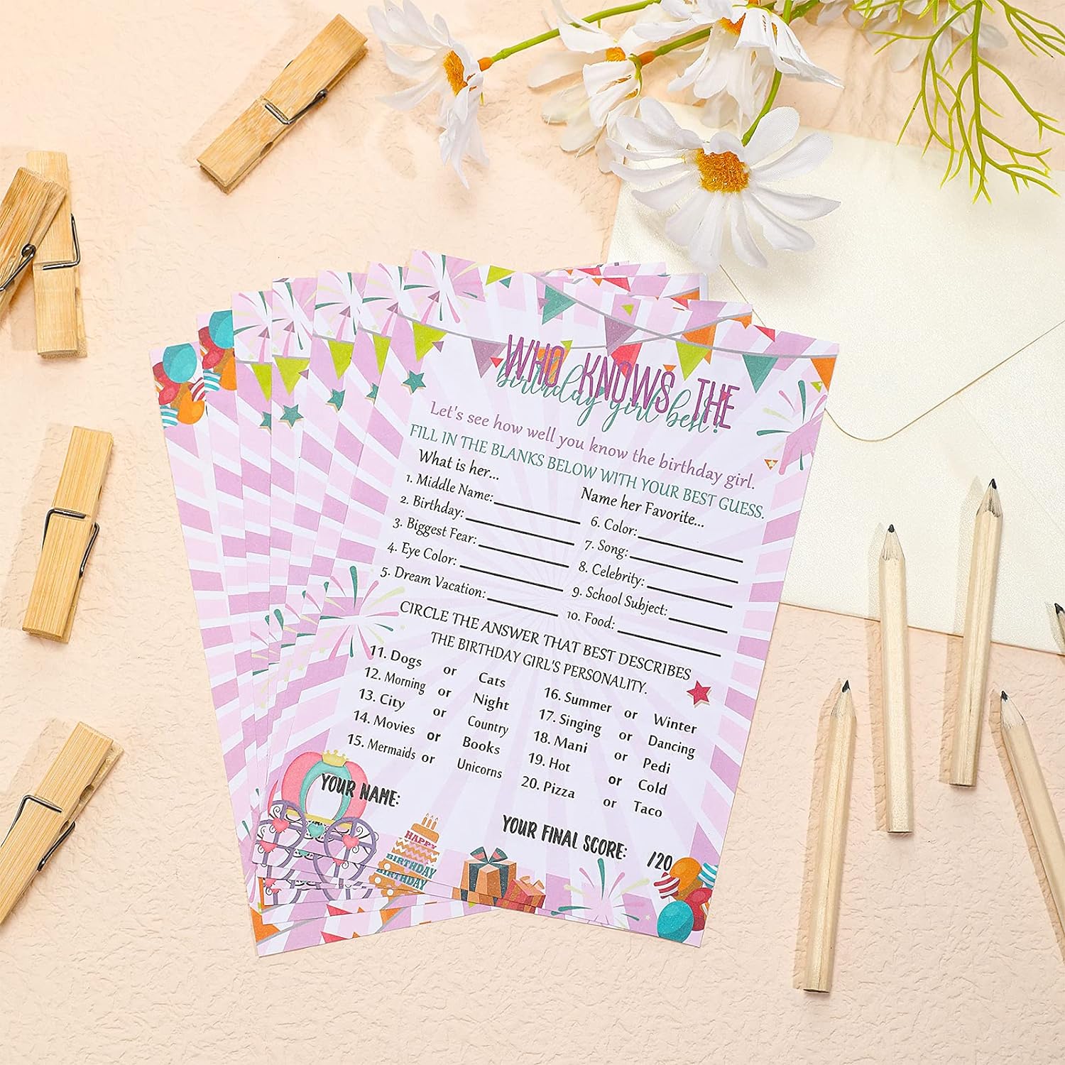 50 Pcs Birthday Party Activity Game Card Set with 20 Pcs Wood Pencils