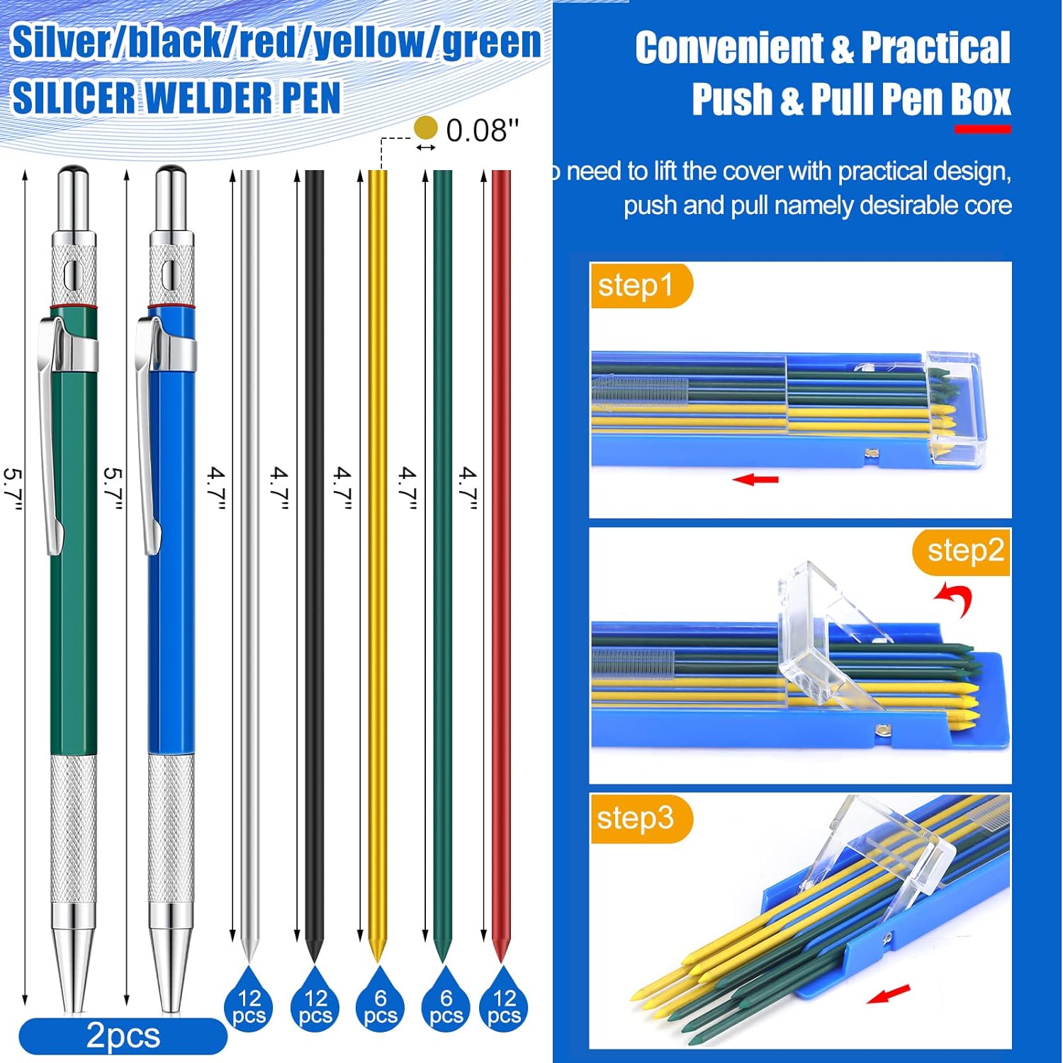 2Pcs Welders Mechanical Pencils with 48PCS Round Refills