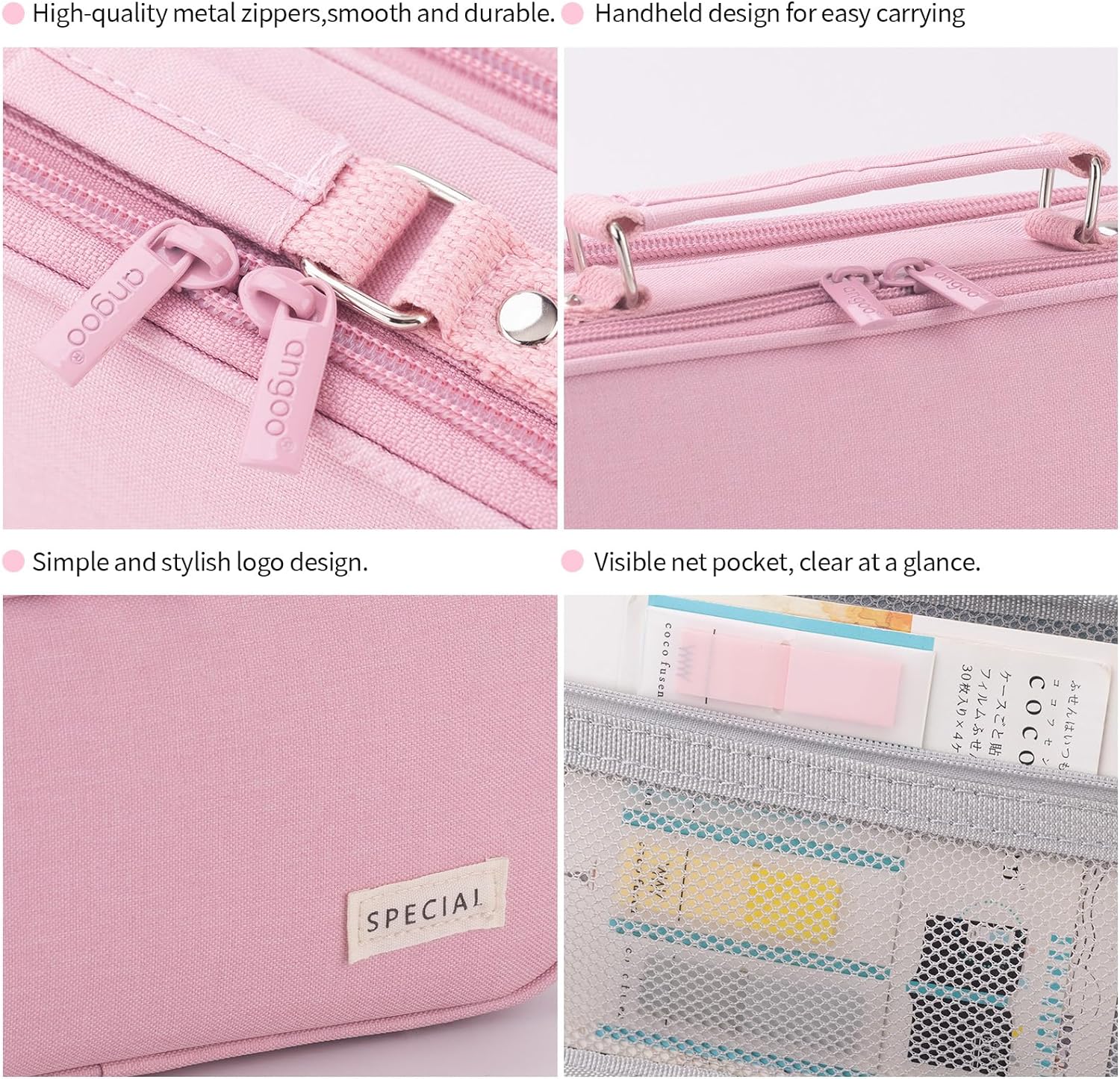 HVOMO Large capacity pencil case Pencil Pouch Double Zipper Storage Bag 3 Compartments Portable Multifunctional bag Desk Organizer School Marker Pen Casey(Dark Pink)