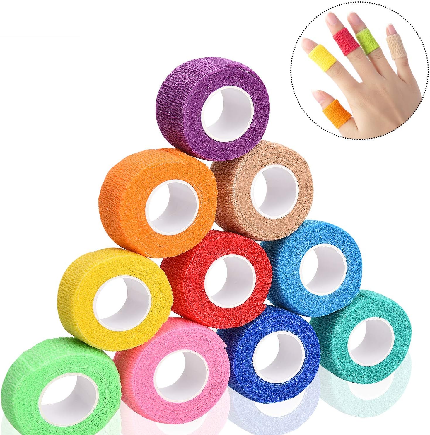 12 Colors Self Adhesive Bandage Wrap for Finger Nail Protector,2.5cm x 4.5m / 1" x 5yd