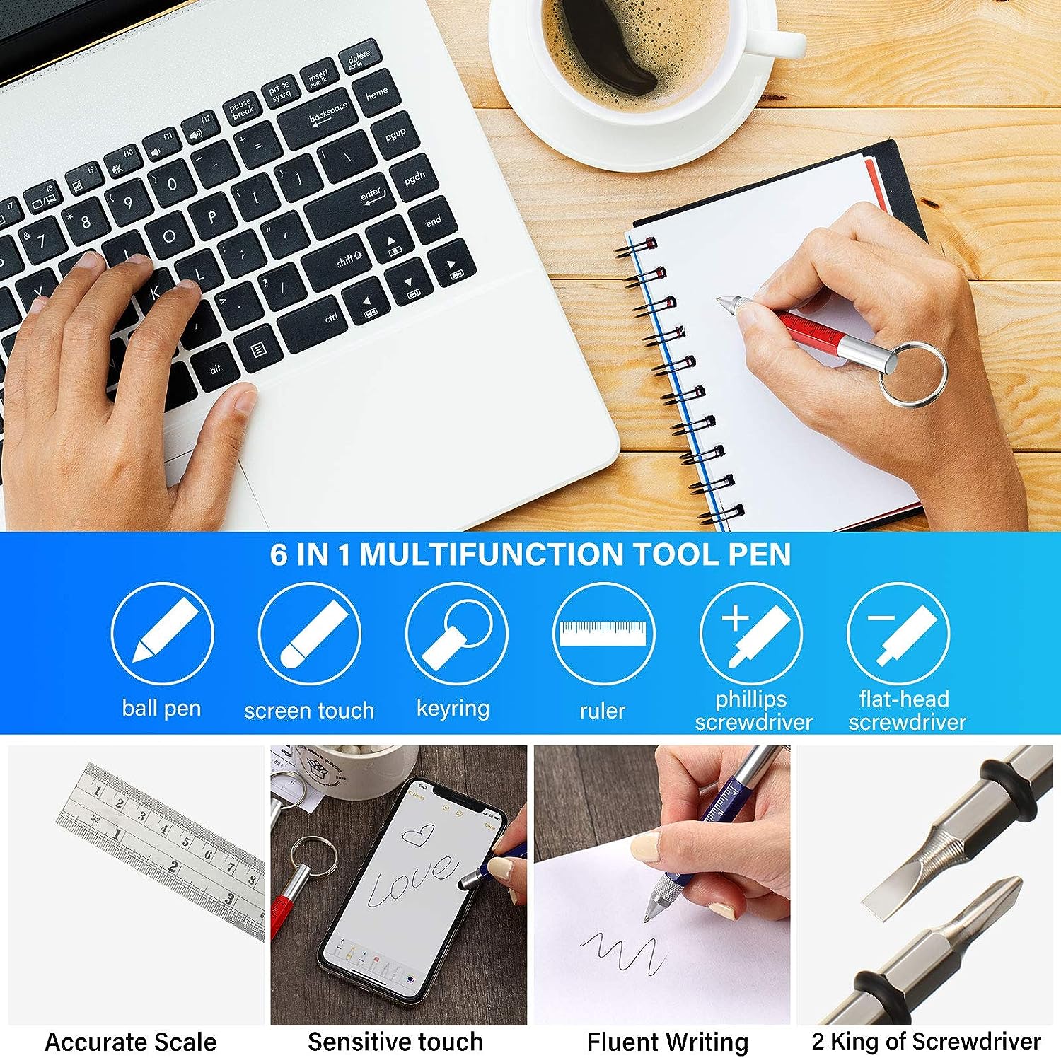 4Pcs 6In1 Multitool Tech Tool Pen Key Ring Screwdriver Pen with Ruler