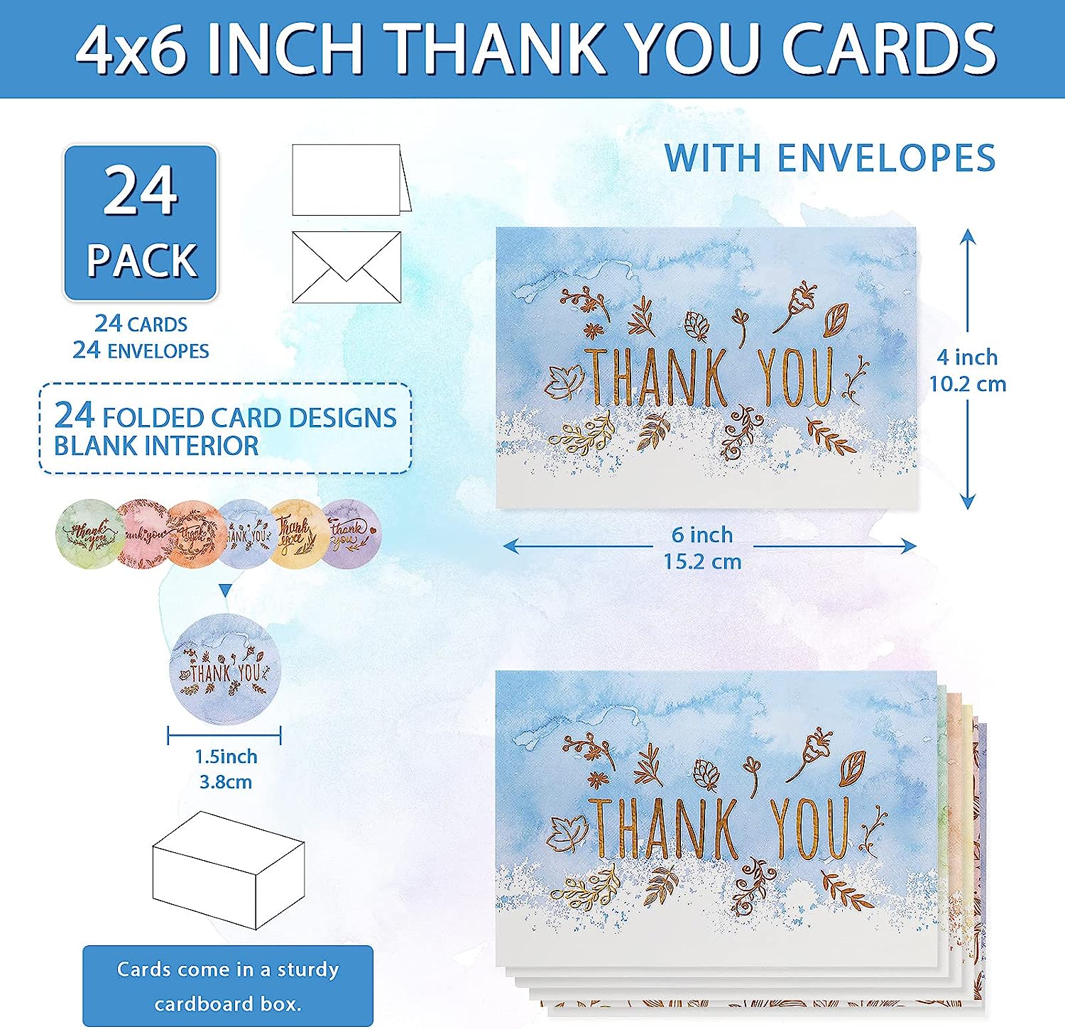 72 Pieces Watercolor Thank You Cards with Envelopes and Stickers Set