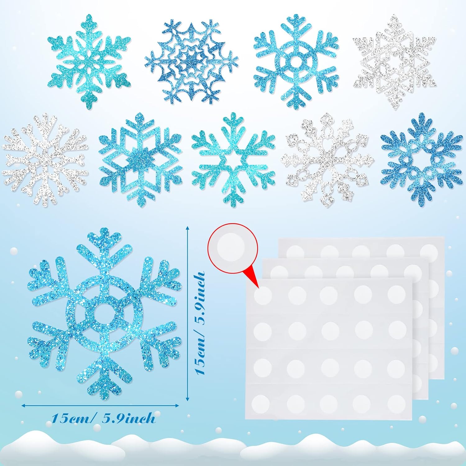 45pcs Winter Christmas Snowflake Paper Cutouts with Glue Point Dots