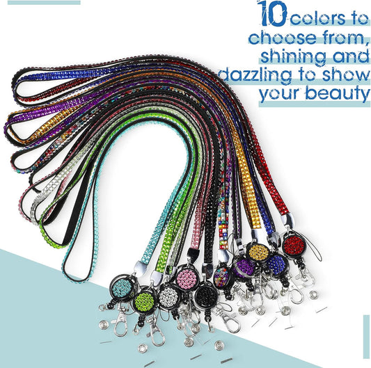 Rhinestone Glitter Retractable Necklace Badge Reel Lanyard 10 Colors