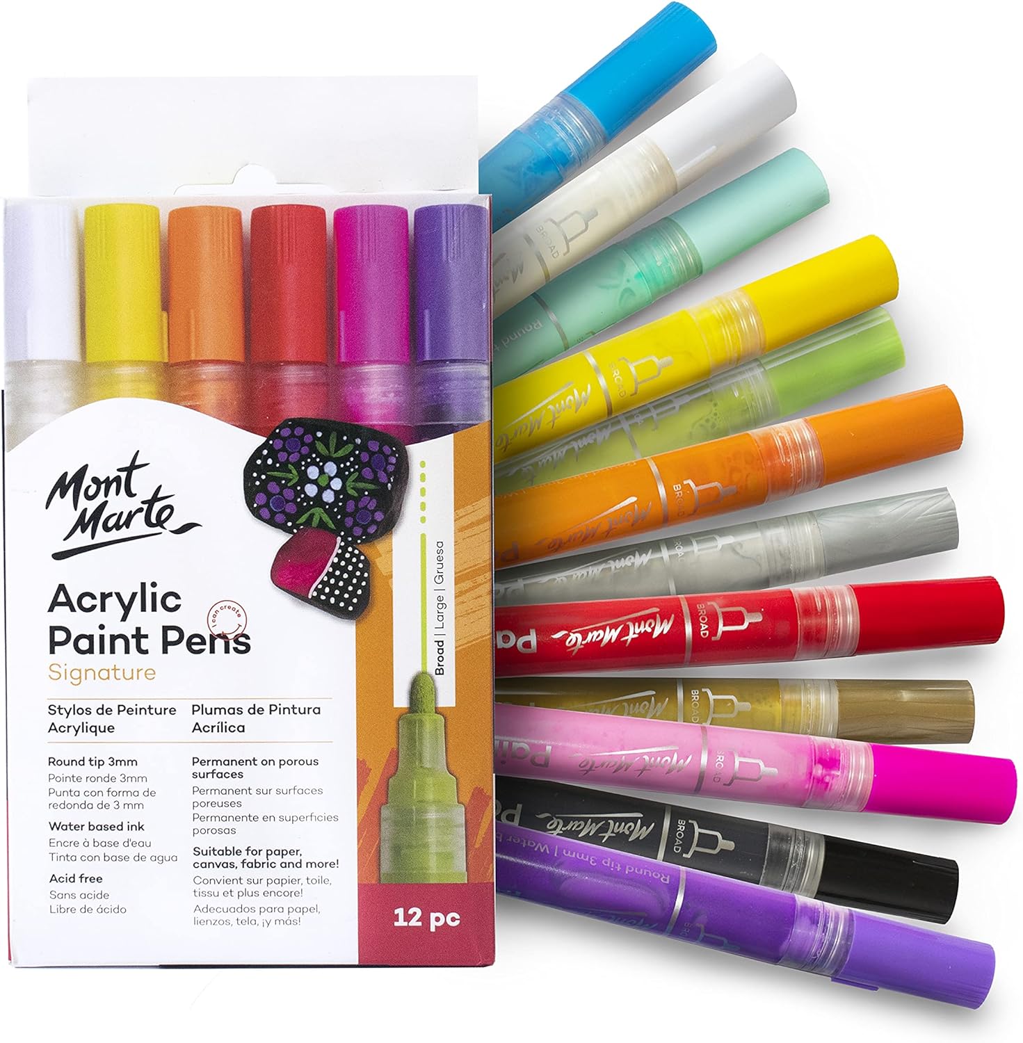 Mont Marte Signature Acrylic Paint Pens,12 Piece,Round Tip (3mm)