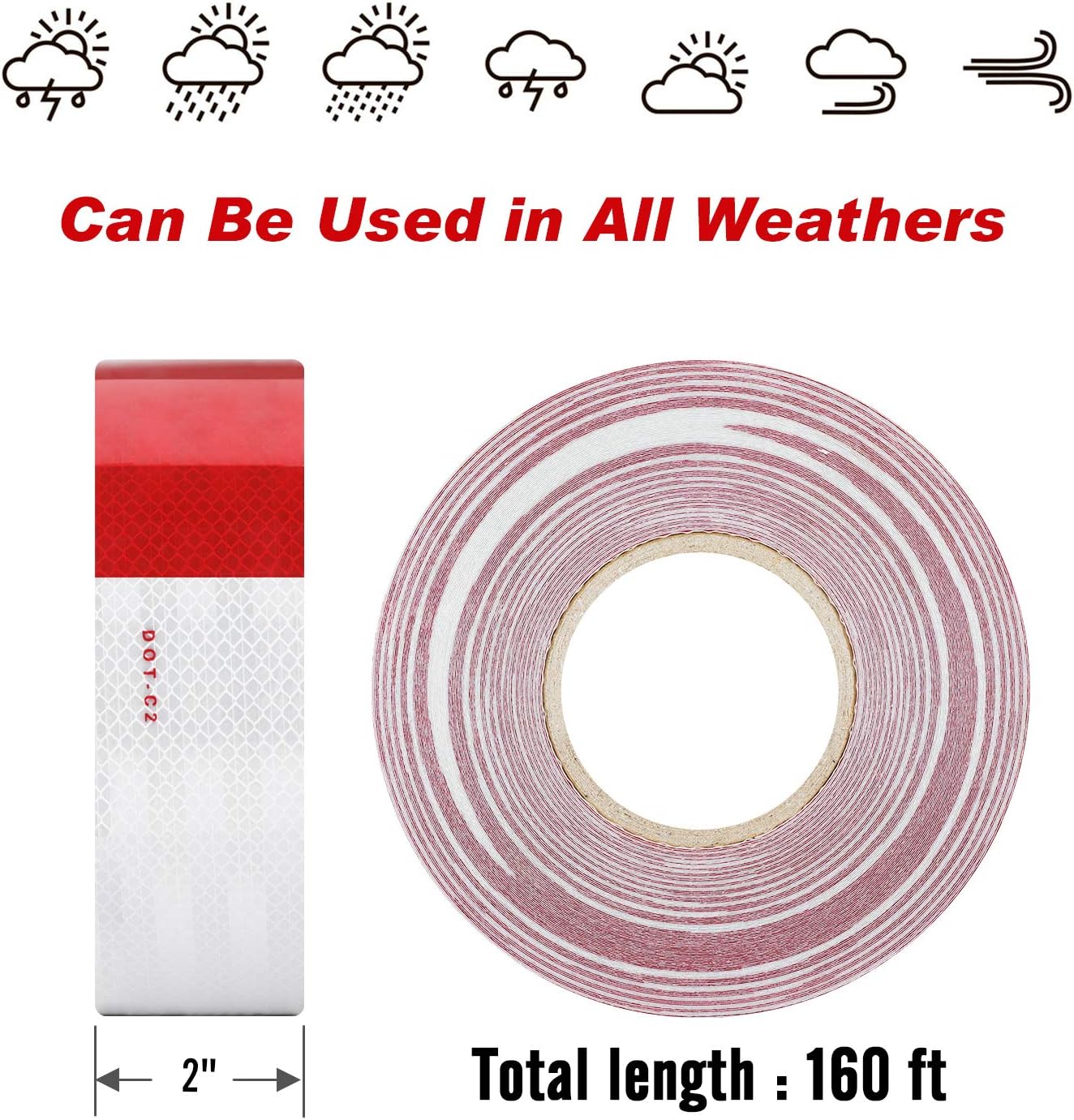 DOT-C2 Reflective Safety Warning Tape 2 Inch x 160 Feet Red/White