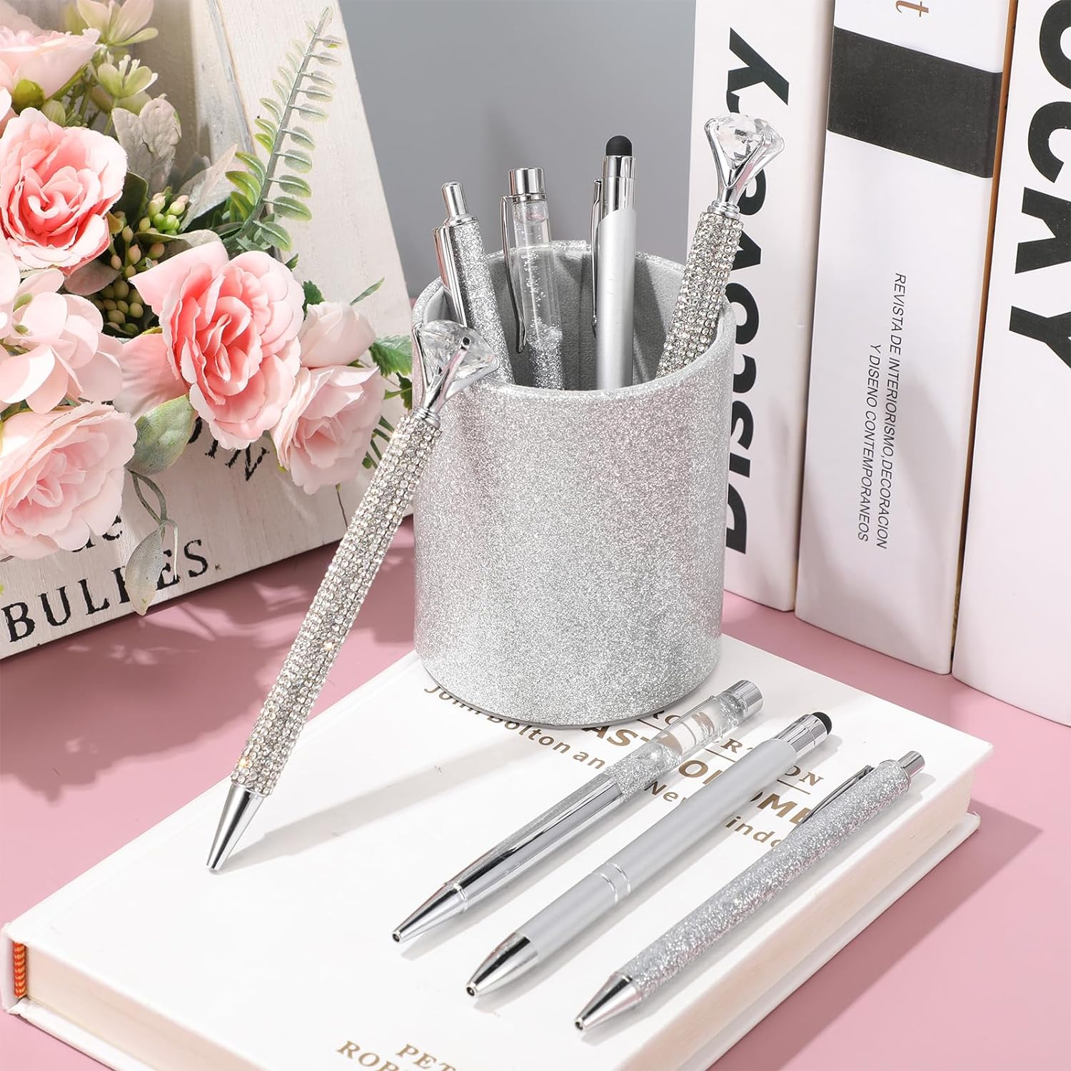 8Pcs Crystal Glitter Ballpoint Pens with Pen Holder for Desk Organizer