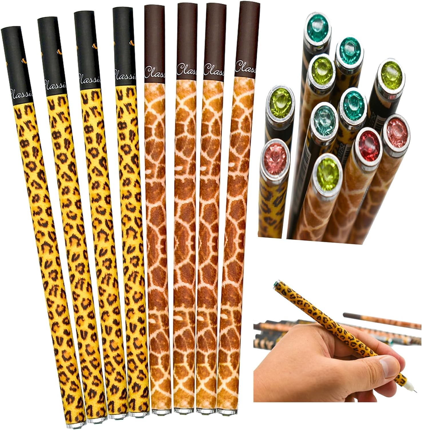 12PCS Leopard Print Giraffe Pattern Gel Pens Diamond Black Ink 0.38mm Extra Fine