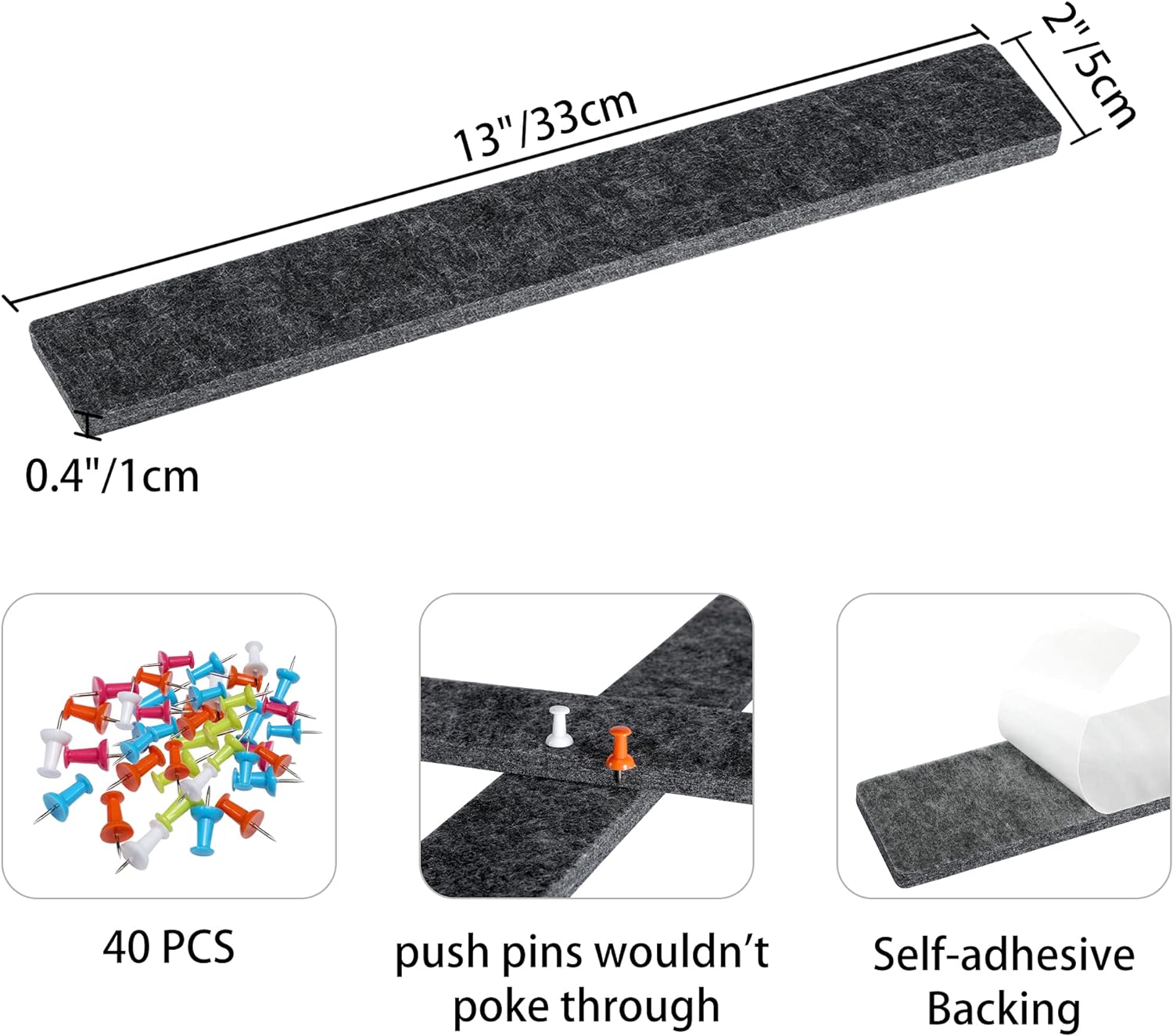 Felt Self-Adhesive Bulletin Board Bar Strips with 40 Push Pins 8 Pack