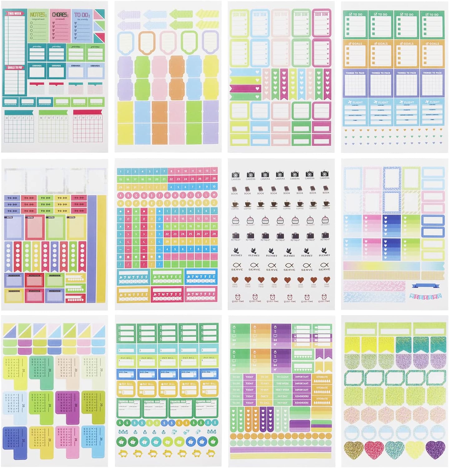 12 Sheets of Planner Stickers with 730Pcs Cute Planner Labels