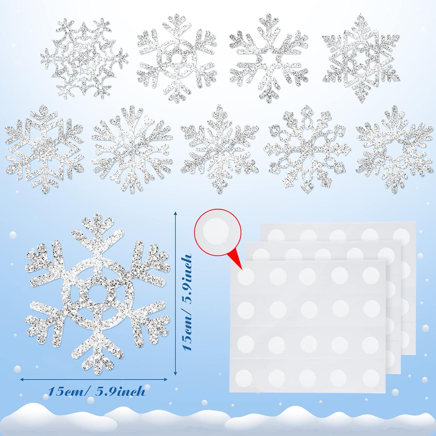 45pcs Winter Christmas Snowflake Paper Cutouts with Glue Point Dots