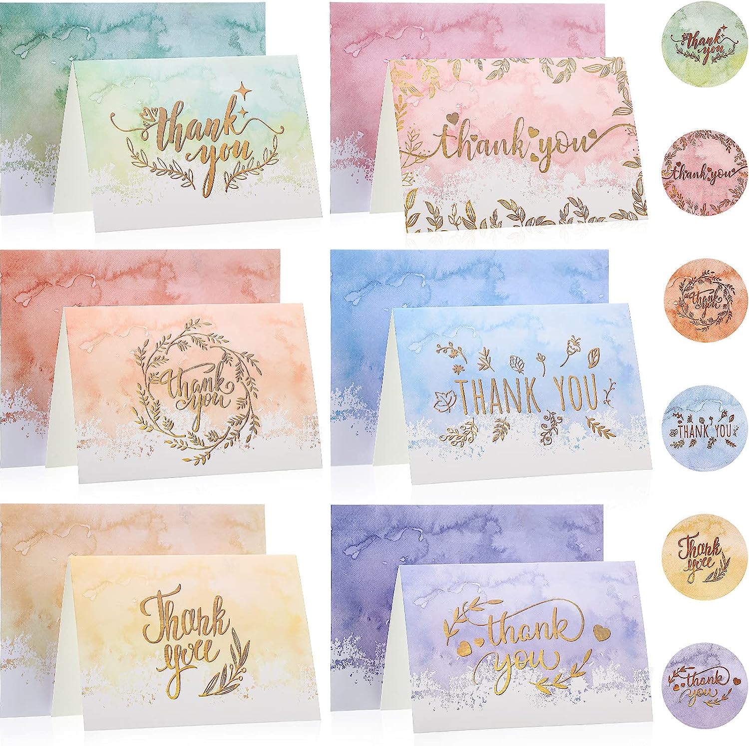 72 Pieces Watercolor Thank You Cards with Envelopes and Stickers Set