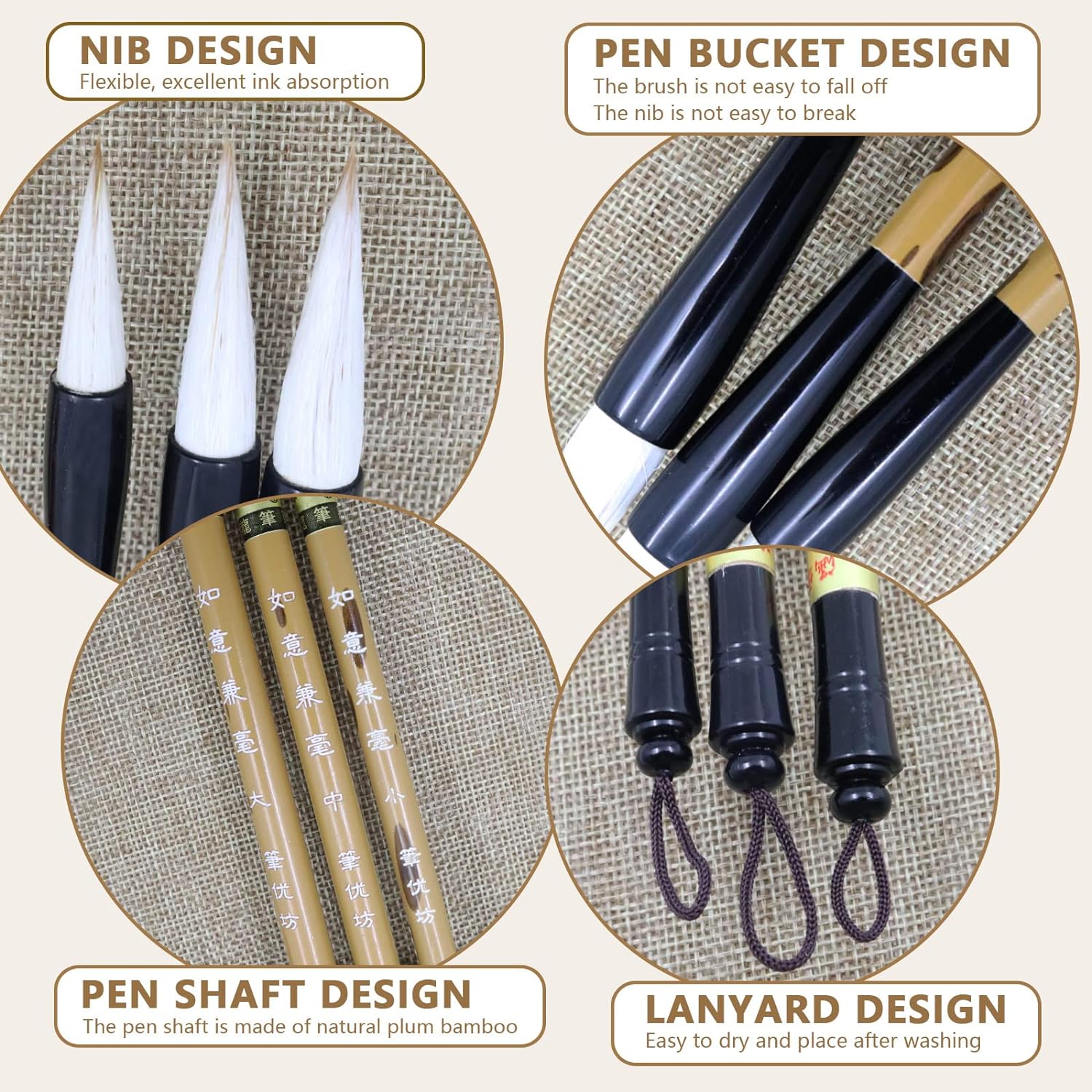 3 Size Bomboo Chinese Writing Calligraphy Brushes Set