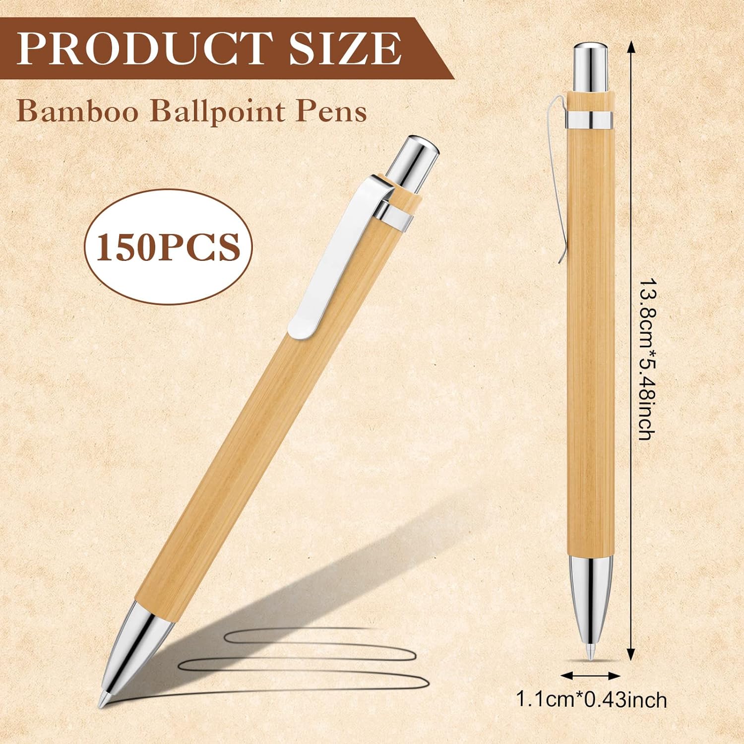 150Pcs Bamboo Ballpoint Pens Wooden Retractable Ballpoint Pen Bamboo Black Ink 1mm Pen Wood Sustainable Pens for Men Women Employee Writing Signature Journaling Home Office School