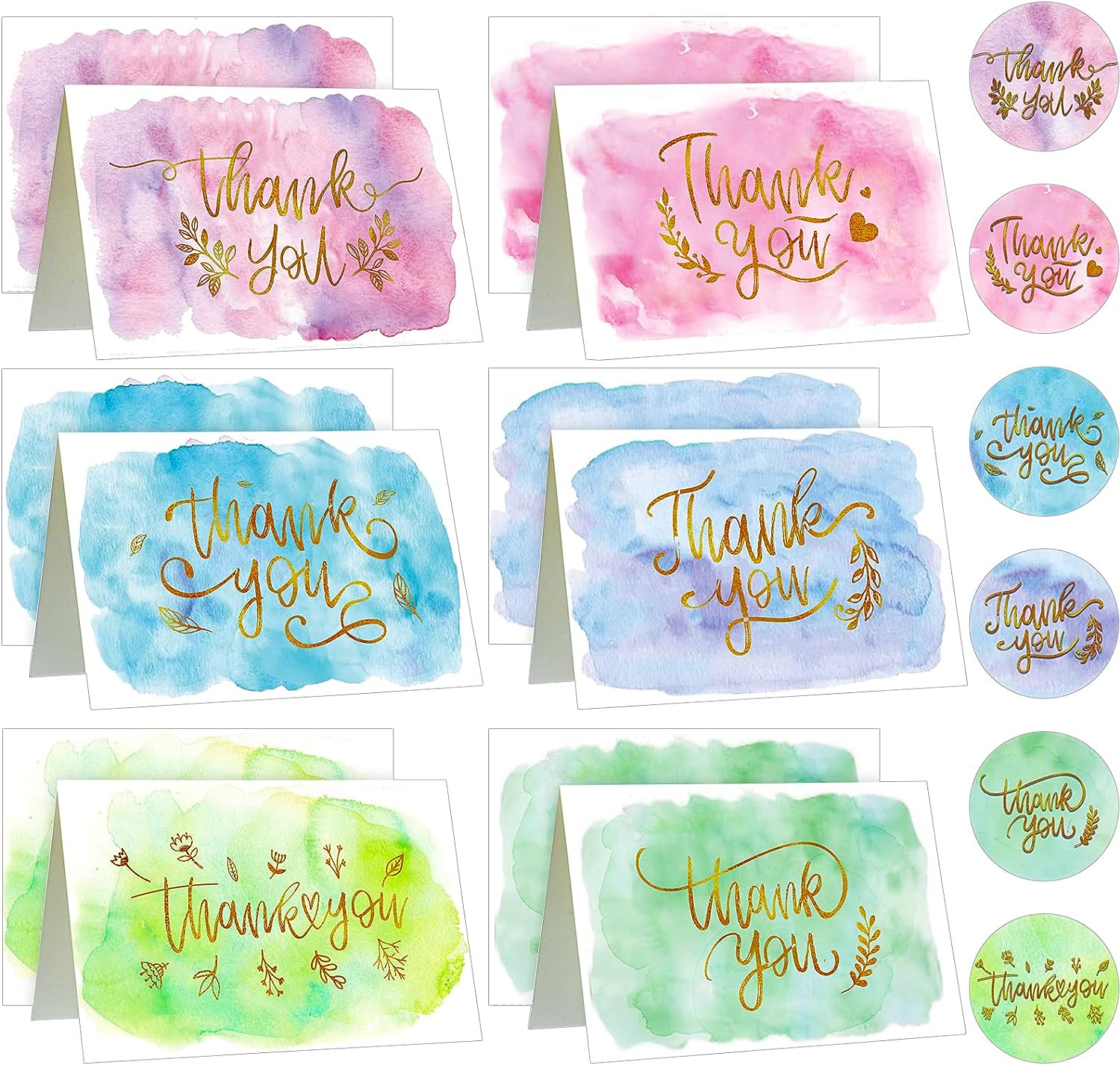 72 Pieces Watercolor Thank You Cards with Envelopes and Stickers Set