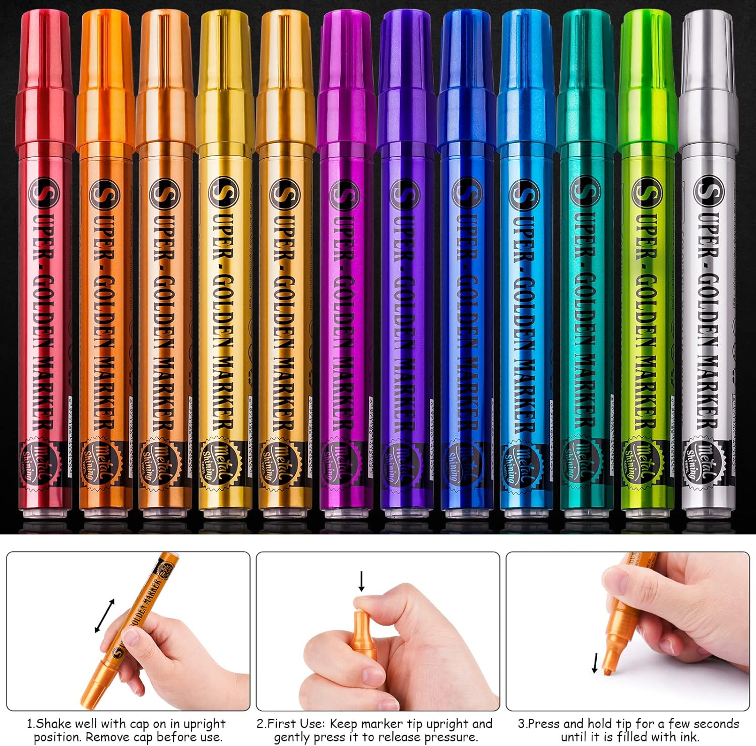 12 Colors Super Golden Metallic Marker Paint Pen Set 2-3mm Fiber Tip