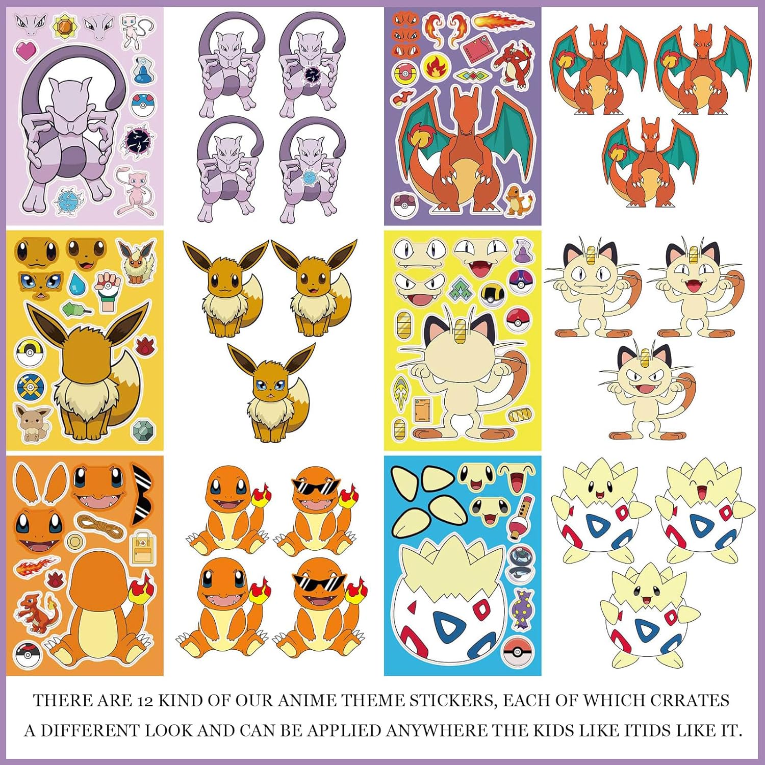 12 Sheets Pokemon Anime Stickers Kids DIY