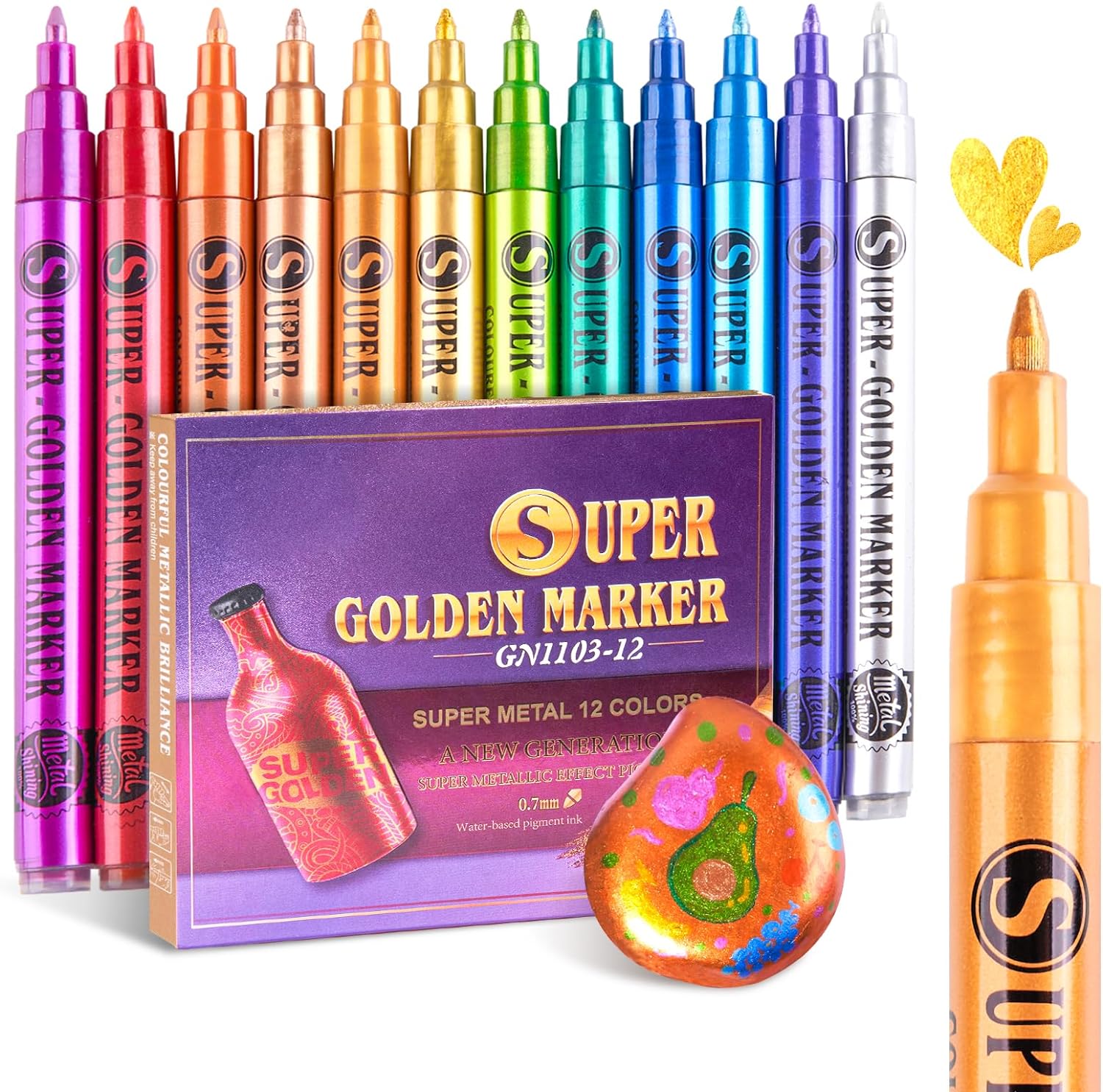 12 Color Super Golden Metallic Paint Marker Pens,Ultra Fine Point 0.7mm