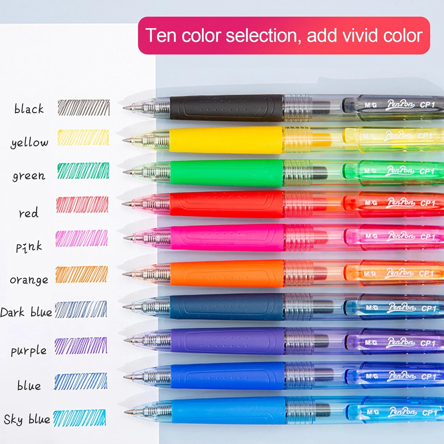 Retractable Liquid Gel Pens with Grip,10 Assorted Ink Colors (0.5 MM)