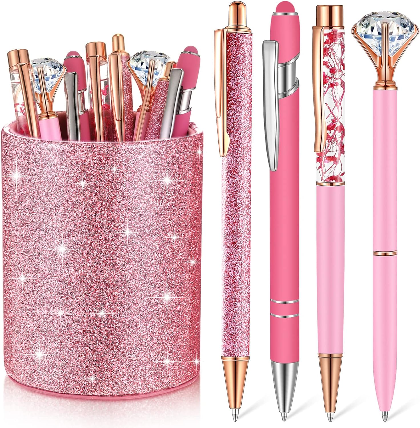 8Pcs Crystal Glitter Ballpoint Pens with Pen Holder for Desk Organizer